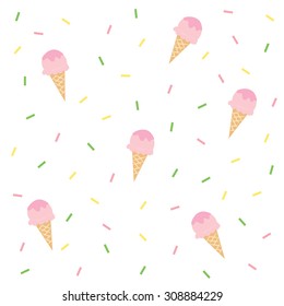 Strawberry ice-cream cone seamless background vector design illustration.