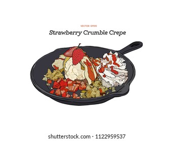 strawberry ice  cream crepe and crumble serve in pan  Hand draw sketch vector  