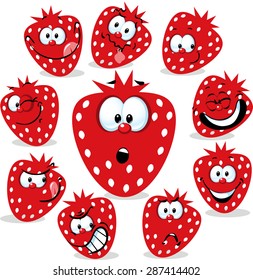 strawberry icon cartoon with funny faces isolated on white