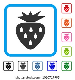 Strawberry icon. Flat grey iconic symbol in a blue rounded squared frame. Black, gray, green, blue, red, orange color variants of strawberry vector. Designed for web and software UI.