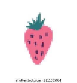 Strawberry icon in pixel art style. Fruit symbol. Retro 8 bit sign. Vector illustration. Design for mobile app ui, logo, web, sticker