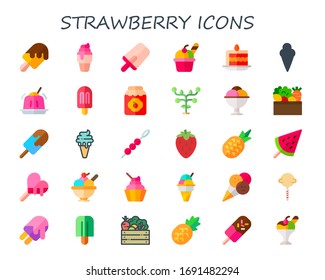 conjunto de iconos de fresa. 30 iconos planos de fresa. Incluye helado, paladar, rebanada de pasteles, jalea, mermelada, frutas, verduras, bayas, íconos de piña
