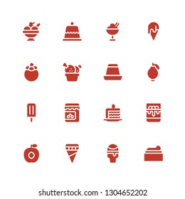 strawberry icon set. Collection of 16 filled strawberry icons included Cream, Icecream, Ice cream, Apricot, Panna cotta, Cake slice, Jam, Ice lolly, Guava, Creme caramel, Mangosteen
