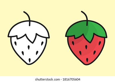 Strawberry icon set. Garden fruit, flat linear design, colored in red, green, white. Vector 