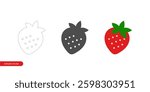 Strawberry Icon in Three Styles - Editable Stroke Outline, Silhouette, and Colored. Isolated on White Background