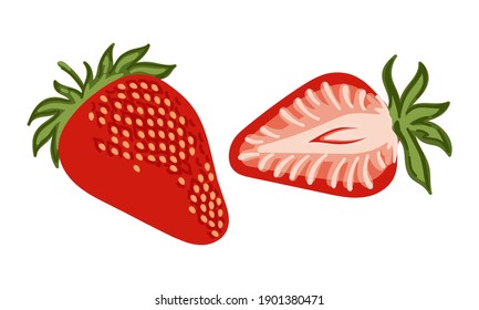 Strawberry icon. Whole and half strawberries. Vector illustration.