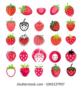 Strawberry icons big set. Different styles - flat,realistic, hand drawn, painted mosaic