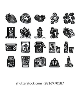 Strawberry icons collection presenting various forms of the fruit, from whole berries and slices to jam, juice, cake, jelly, dried pieces, and flavoring concepts