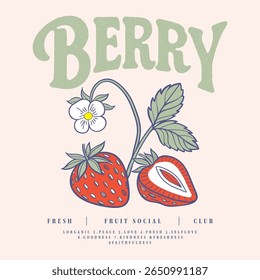 Strawberry illustration artwork, t-shirts, women's fashion with food vibes, trendy strawberry illustration artwork, summer fresh fruit. vintage retro graphics