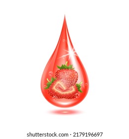 Strawberry inside red water droplets. Serum vitamin collagen complex. Isolated on white background. Used for nutrition products skin care cosmetic. Realistic 3d vector EPS10.
