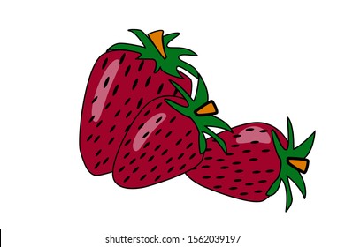 Strawberry isolated on white background. Three berries. Fresh fruit, ripe strawberry with a stem icon for label, vegetarian sign, print, poster, menu. Simple flat cartoon style design vector. EPS 10