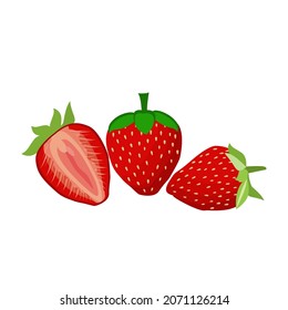 Erdbeere einzeln. Erdbeeren mit Blattisolat. Ganze und die Hälfte Erdbeere auf Weiß. Erdbeeren isolieren. Seitenansicht Erdbeeren Set.Vektorgrafik.