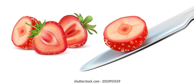 Strawberry isolated with strawberries slice of pieces element in the middle on white background. Realistic vector in 3D illustration.