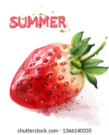 Strawberry isolated Vector watercolor. Fresh fruit summer seasonal card