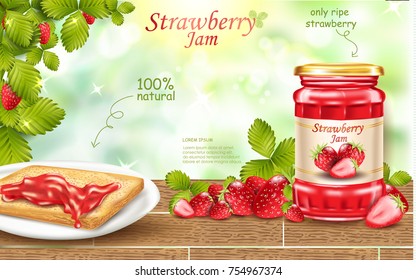 Strawberry jam ads, fresh berries realistic 3d illustration isolated on green bokeh background