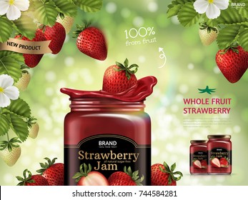 Strawberry jam ads, fresh fruit dropping down from strawberry plant in 3d illustration isolated on green bokeh background