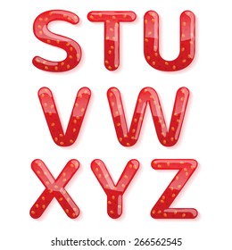 Strawberry jam alphabet. Glossy abc letters isolated on white background. Sweet red jelly.