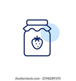 Strawberry jam in bottle. Farmers preserves, groceries shopping. Food and desserts. Pixel perfect, editable stroke vector icon