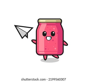 strawberry jam cartoon character throwing paper airplane , cute design