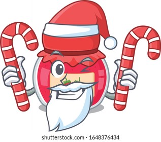 Strawberry jam Cartoon character wearing Santa costume bringing a candy