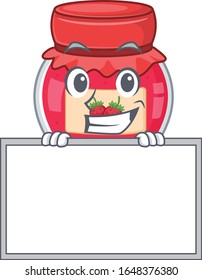 Strawberry jam cartoon design concept grinning with board
