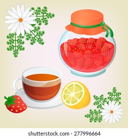 Strawberry jam, ChamomileTea with lemon and Chamomile Flowers. Get well soon concept.