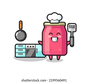 strawberry jam character illustration as a chef is cooking , cute design