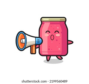 strawberry jam character illustration holding a megaphone , cute design