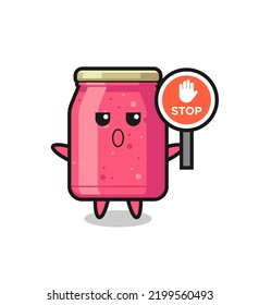 strawberry jam character illustration holding a stop sign , cute design