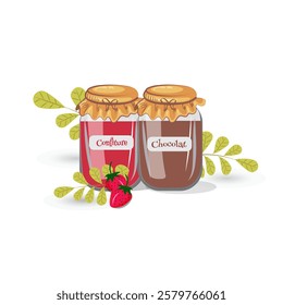 Strawberry jam and chocolate syrup in glass jars, homemade decoration on white background