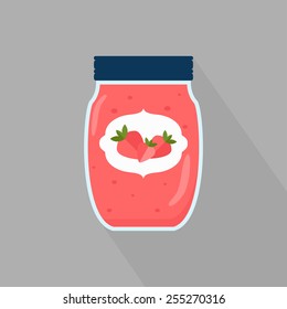 Strawberry jam. Strawberry confiture. Isolated jam jar. Flat icon with long shadow. Vector illustration