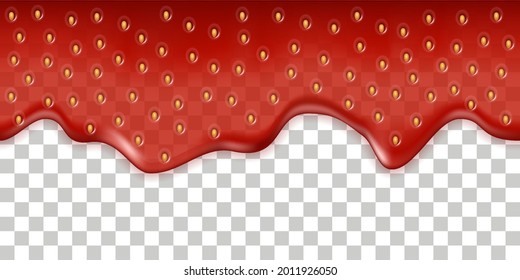 Strawberry jam drip splash, liquid syrup texture. Red strawberry jelly flow isolated on transparent background. Seamless pattern. Vector illustration