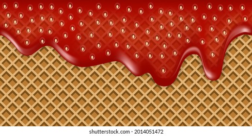 Strawberry jam drip splash with  liquid syrup texture on sweet waffle background.  Red strawberry jelly flowing, seamless pattern. Vector illustration