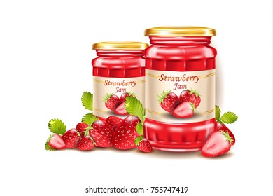 Strawberry jam, fresh berries with leafs,  realistic 3d illustration isolated.