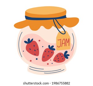 Strawberry jam in glass jar. Doodle of home cooking. Healthy Sugar Replacement. Homemade berry jelly cartoon icon. Clipart for decor, sticker, design, card, print. Vector flat illustrations.