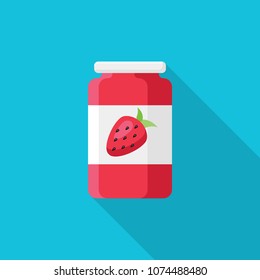 Strawberry jam in glass jar flat icon with long shadow isolated on blue background. Simple jam in flat style, vector illustration.