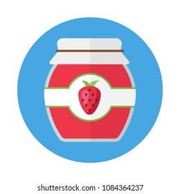 Strawberry jam in glass jar flat icon isolated on blue background. Simple jam in flat style, vector illustration.