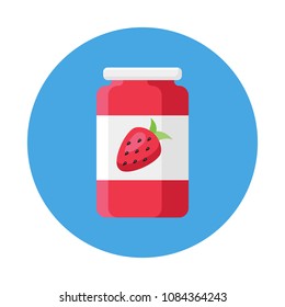 Strawberry jam in glass jar flat icon isolated on blue background. Simple jam in flat style, vector illustration.
