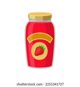 Strawberry jam in glass jar isolated on white background. Tinned food cartoon illustration. Pantry, grocery, storage concept