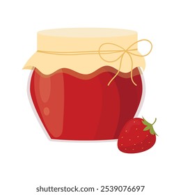 Strawberry jam. Glass jar with jelly berries. Vector illustration isolated on white background. Sweet food, flat style.