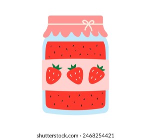 Strawberry jam. Glass jar of preserved berry jam, berry confiture in bottle. Flat Vector illustration isolated on white background