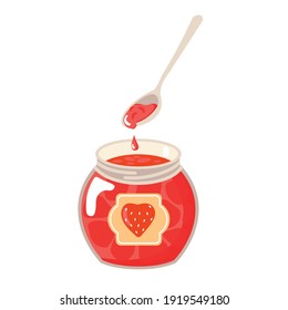 Strawberry jam in a glass jar with a spoon. Vector flat cartoon illustration. White background, isolated.