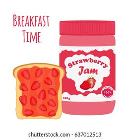Strawberry jam in glass jar, toast with jelly. Made in cartoon flat style. Healthy nutrition.