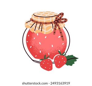 Mermelada de fresa en frasco de vidrio con cordeles. Dulce confitura natural, bayas conservar, preservar. Mermelada casera, gelatina. Postre casero de temporada. Ilustración vectorial plana aislada sobre fondo blanco