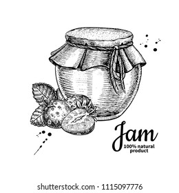 Strawberry jam glass jar vector drawing.  Fruit Jelly and marmalade.  Hand drawn food illustration. Sketch style vintage objects for label, icon, packaging design.