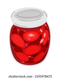 Strawberry jam in a glass jar. Vector isolated illustration.
