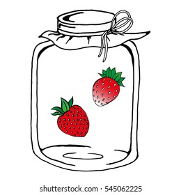 Strawberry jam in a glass jar. Vector illustration of jam from a strawberry. Hand drawn glass jar with strawberries.