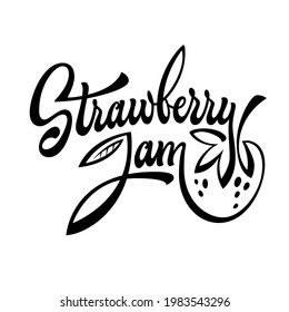 Strawberry jam - hand deawn script style lettering logo with fluorishes berry icon. Jam jar design element 