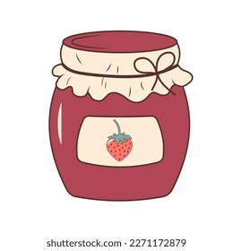 Strawberry Jam in hand drawn doodle style. Sweet homemade preserve in a jar.
