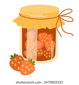 Strawberry jam. Homemade marmalade, jelly preserve. Berry confiture. Natural dessert, sweet food. Flat vector illustration isolated on white background